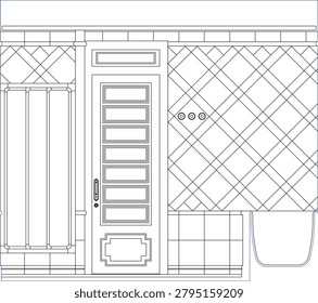 Detailed architectural wall elevation featuring wood door panels geometric tile design sink basin drain hole and technical layout for remodeling.