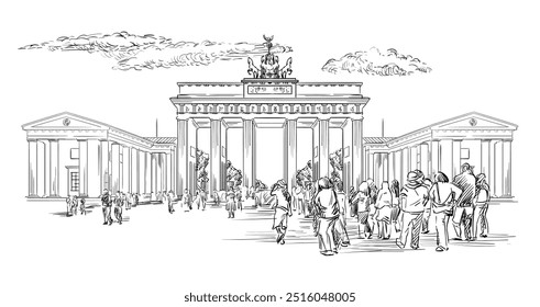 Detailed architecture of Brandenburg Gate, an iconic symbol of Berlin, Germany. Hand drawn landmark, sketch with attraction. Vector illustration. Engraving style trendy artwork for print and design.