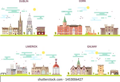 Detailed architecture of Dublin, Cork, Limerick, Galway. Business cities in Ireland. Trendy vector illustration, line flat style. Handdrawn illustration with main tourist attractions.
