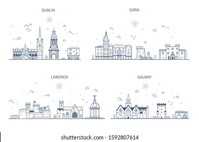 Detailed architecture of Dublin, Cork, Limerick, Galway. Business cities in Ireland. Trendy vector illustration, line art style. Handdrawn illustration with main tourist attractions.
