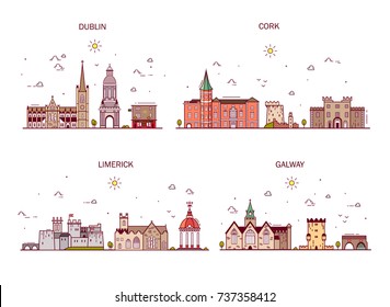 Detailed architecture of Dublin, Cork, Limerick, Galway. Business cities in Ireland. Trendy vector illustration, line art style.Handdrawn illustration with main tourist attractions.
