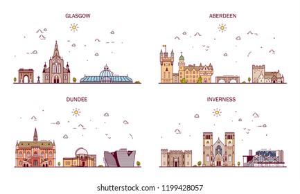 Detailed architecture of Glasgow, Aberdeen, Dundee, Inverness. Business cities in Scotland. Trendy vector illustration, line art style.Handdrawn illustration with main tourist attractions.
