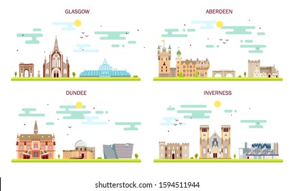 Detailed architecture of Glasgow, Aberdeen, Dundee, Inverness. Business cities in Scotland. Trendy vector illustration, line art style.Illustration with main tourist attractions, flat art 