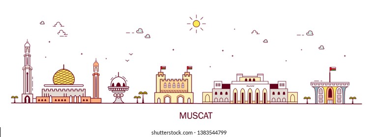 Detailed architecture of Muscat, . Business city in Oman. Trendy vector illustration, line art style. Illustration with main tourist attraction.
