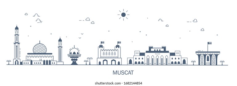 Detailed architecture of Muscat, . Business city in Oman. Trendy vector illustration, line art style. Illustration with main tourist attraction.