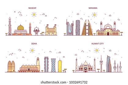 Detailed architecture of Muscat, Manama, Doha, Kuwait City. Business cities in Kuwait, Oman, Qatar, Bahrain. Trendy vector illustration, line art style. Illustration with main tourist attraction.