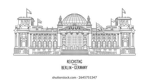 Detailed architecture of Reichstag building in Berlin. Germany hand drawn landmark. Vector illustration. Hand drawn sketch with German attraction. Trendy artwork for print and design.