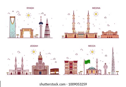 Detailed architecture of Riyadh, Jeddah, Medina, Makkah. Business cities in Saudi Arabia. Trendy vector illustration, line art style. Handdrawn illustration with main tourist attractions.
