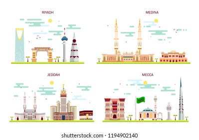 Detailed architecture of Riyadh, Jeddah, Medina, Makkah. Business cities in Saudi Arabia. Trendy vector illustration flat art style. Handdrawn illustration with main tourist attractions.
