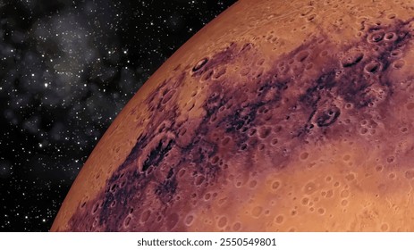 Ein detaillierter Bereich der Oberfläche des Planeten Mars vor dem Hintergrund eines bunten Sternenhimmels.