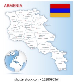 Detailed Armenia administrative map with country flag and location on a blue globe. Vector illustration