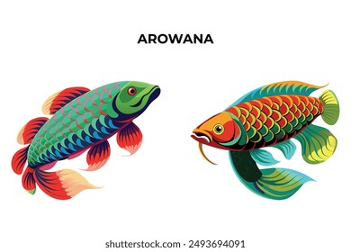 Detailed Arowana Fish vector illustration. Perfect for culinary, marine, and environmental designs. High-quality vector for easy customization. Ideal for menus, packaging, education, and web graphics.