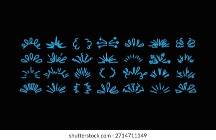 Detailed arrangement of blue abstract elements in a grid on a black background, showcasing varied shapes and composition