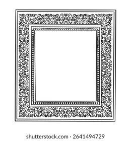 Detailed art nouveau picture frame line. Sketch style highly vertical rectangular outline frame. Vintage retro wall decoration. Victorian vector illustration isolated on white background.