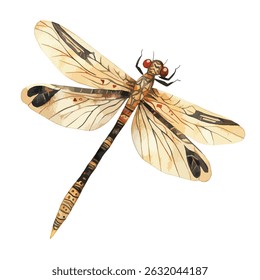 A detailed, artistic depiction of a dragonfly, showcasing intricate wing patterns and a vibrant color palette.