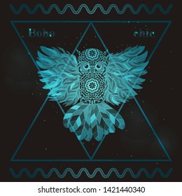 Detailed artistic image of an owl in the style of boho. Template for clothing design or accessories. Can be used as a sticker, postcard, poster.