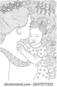 Detailed Artistic Line Art of a Loving Mother and Child for Coloring Book Pages, Illustrating Family Love and Serenity