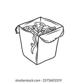 A detailed artistic line drawing illustrating a takeaway food box filled with noodles. Perfect for food-related design projects or conveying themes of cuisine, fast food, or culinary arts.