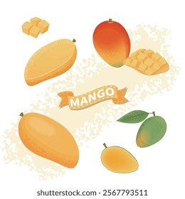 Detailed and Artistic Vector Illustration of Mangos in Various Forms with Rich Colors