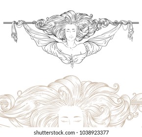 Detailed art-nouveau decorative divider as vintage engraved angel woman, with close up fragment