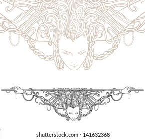 Detailed art-nouveau decorative divider as vintage engraved angel woman, with close up fragment