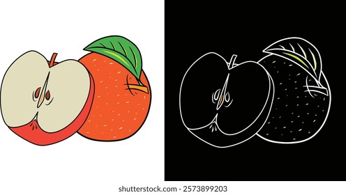 Detailed artwork of an apple and an orange displayed in color and outline against contrasting backgrounds, highlighting the vibrancy and simplicity of fruit illustrations.