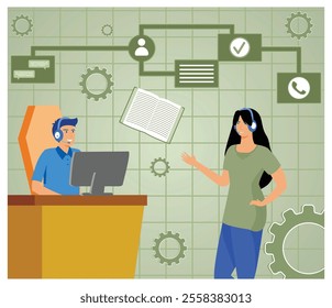 Detailed artwork showcasing a customer support scenario with professional interaction. Represents communication and teamwork through digital platforms. Flat vector modern illustration 