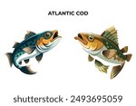 Detailed Atlantic Cod Fish vector illustration. Perfect for culinary, marine, and environmental designs. High-quality vector for easy customization. Ideal for menus, packaging, education, and web grap