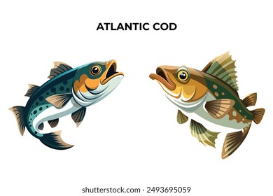 Detailed Atlantic Cod Fish vector illustration. Perfect for culinary, marine, and environmental designs. High-quality vector for easy customization. Ideal for menus, packaging, education, and web grap