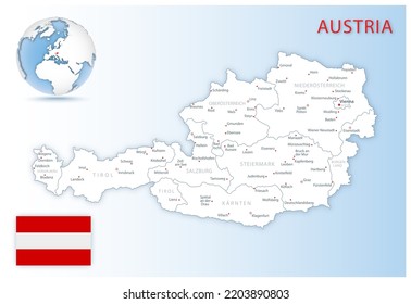 Detailed Austria administrative map with country flag and location on a blue globe. Vector illustration