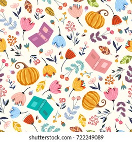 Detailed autumn pattern background with books, pumpkins and flowers. Vector illustration