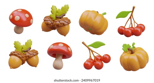 Detailed autumn plant objects. Edible and poisonous natural products. Realistic fly agaric, acorn, pumpkin, viburnum. Glare, textured surfaces, bright colors for creative design