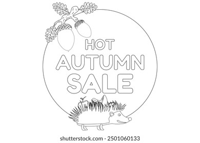 Detailed autumn sale coloring page featuring a cute hedgehog and acorns. Perfect for kids and adults to enjoy coloring seasonal themes.