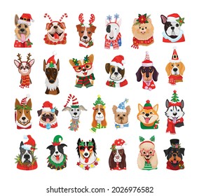 Detailed avatars of dogs of different breeds in Christmas costumes.