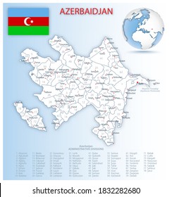 Detailed Azerbaijan administrative map with country flag and location on a blue globe. Vector illustration