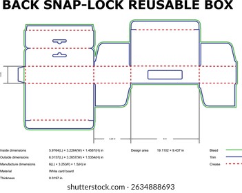 Modelo detalhado de corte reutilizável caixa snap-lock com dimensões e medidas