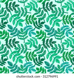 Detailed background with leaves of tropical plants randomly arranged, palm branches in different shades of green, vector seamless pattern