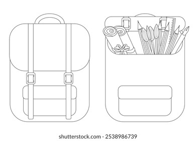 Detailed back-to-school coloring page featuring open and closed backpacks. Perfect for kids and school-themed projects.