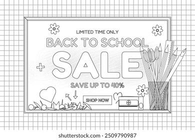 Detailed back-to-school sale coloring book page with educational tools and creative elements, perfect for kids and students.