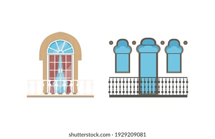 Detailed Balcony Windows Colllection, Classic House Facade Design Elements Vector Illustration
