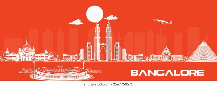 Detailed Bangalore Skyline Drawing with World Trade Center and Iconic Landmarks. Bengaluru, Renowned as the hub of India's high-tech industry, the city is equally celebrated for its vibrant parks .