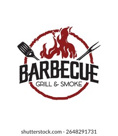 Detailed barbecue logo featuring grill, flames, smoke, and utensils. Ideal for BBQ branding, smokehouse logos, food truck graphics, restaurant merch, and grilling tool packaging.