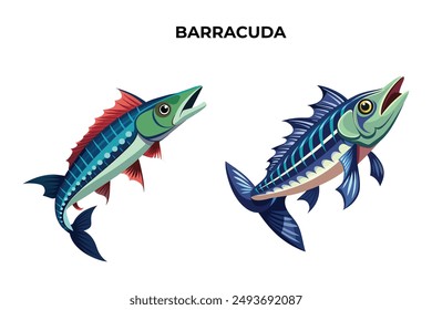 Detailed Barracuda Fish vector illustration. Perfect for culinary, marine, and environmental designs. High-quality vector for easy customization. Ideal for menus, packaging, education, and web graphic