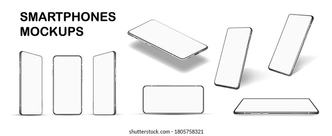 Detailed and beautiful collection smartphone white blank screen at at different angles. Mockup set isolated on white background. 3D realistic gadgets, smartphones. Mobile phone collection. Vector