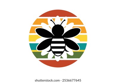 detailed bee icon sitting on a flower with pollen Vintage Background Vector Art Illustration