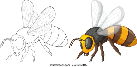 Detailed bee illustration with color and outline versions