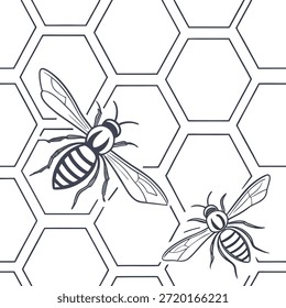 Detailed Bees and Honeycomb Pattern in Dark Outline on White Background seamless