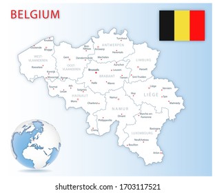 Detailed Belgium administrative map with country flag and location on a blue globe. Vector illustration