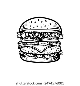 detailed big burger line art style sketch classic vintage design illustration