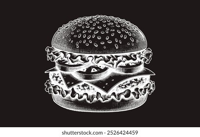 detailed big burger line art style sketch classic vintage design illustration. hand drawn fast food burger